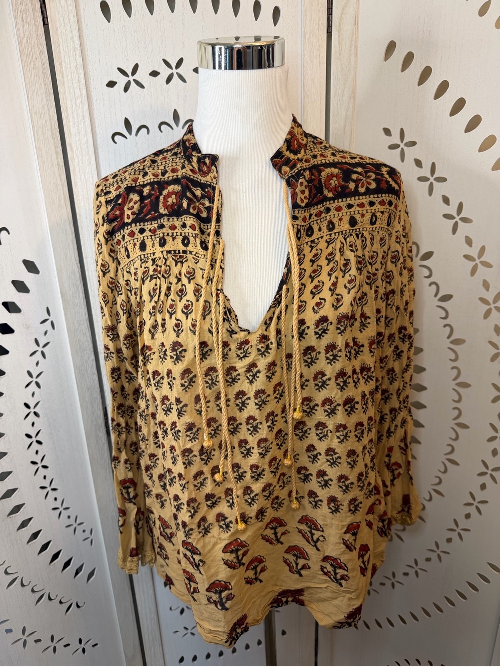 100% Cotton Blue Boheme Tan Boho Peasant Top